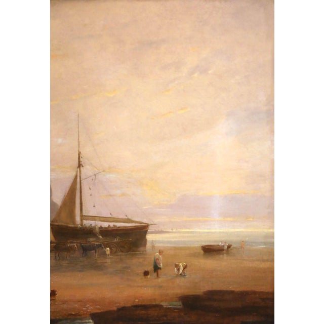 Mid 19th Century Mid-19th Century English Coastal Fishing Scene Oil Painting in Giltwood Frame For Sale - Image 5 of 10