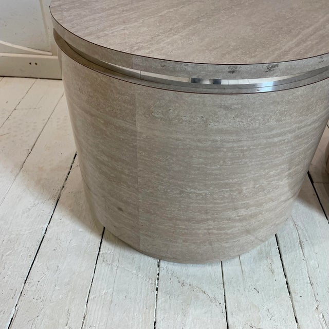 Modern 1980s Travertine Laminate Drum Side Tables With Chrome Trim - a Pair For Sale - Image 3 of 13