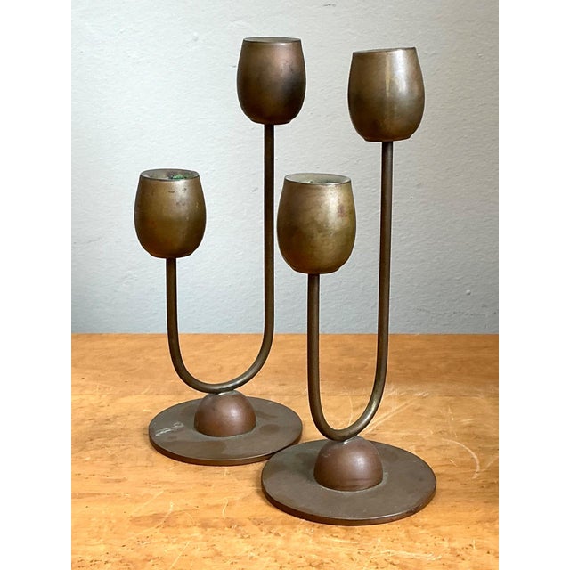 Mid 20th Century Vintage Brass Modernist Candlesticks - A Pair For Sale - Image 5 of 15