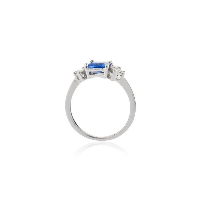 Metal 1.5 Ctw Emerald Cut Blue Sapphire Diamonds Wedding Ring Size 5.5 For Sale - Image 7 of 9