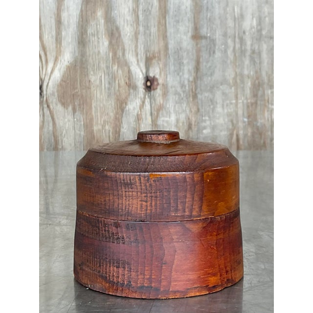 Wood Vintage Boho Round Lidded Wood Box For Sale - Image 7 of 8