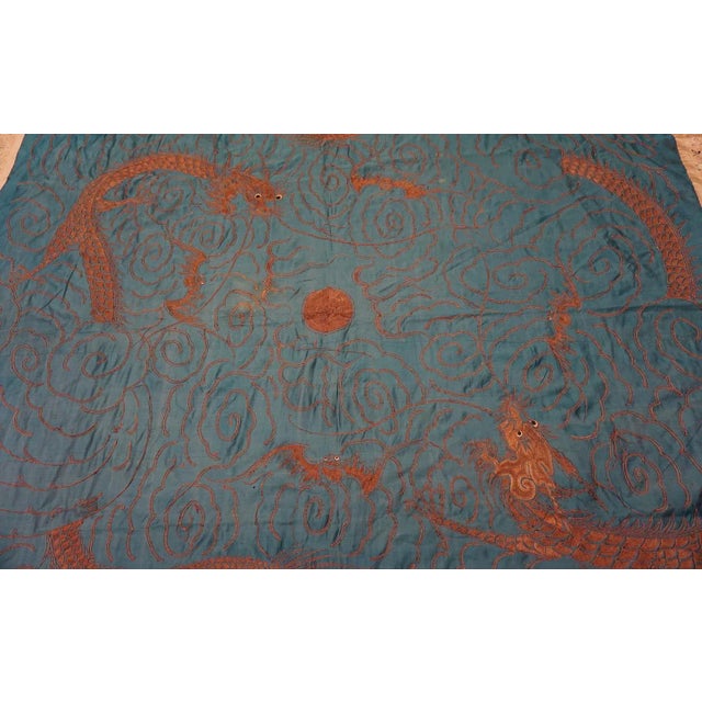 1900 - 1909 Majestic Teal Blue Color Background With Dragons Patters Desing Antique Chinese Textile Rug For Sale - Image 5 of 9