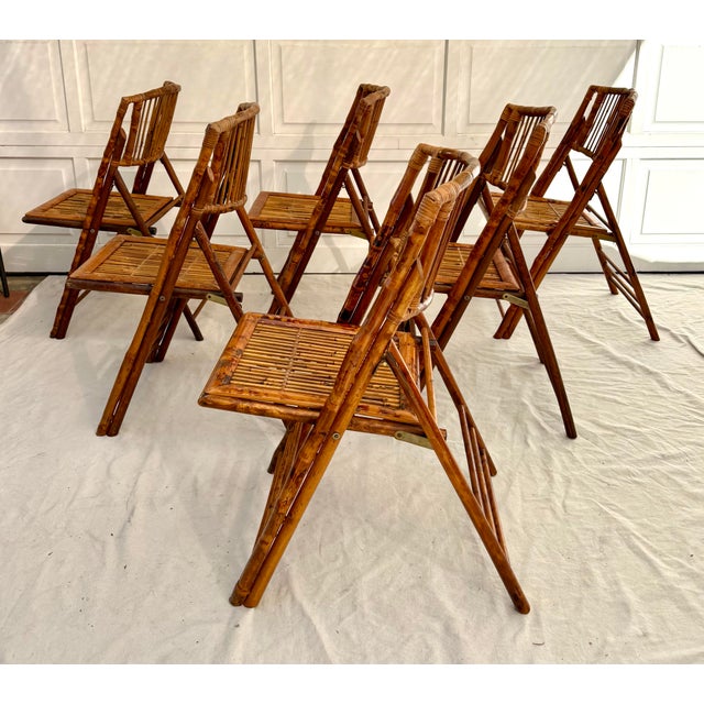 1960s 1960's Set of 6 Tortoiseshell Finish Bamboo Folding Chairs For Sale - Image 5 of 10