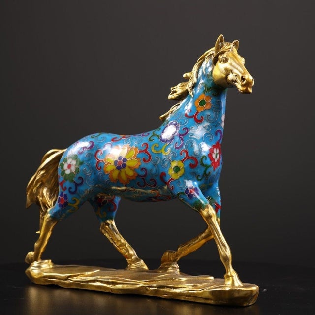 Metal Gilt Bronze Cloisonné Enamel Horse Figure on Base For Sale - Image 7 of 9