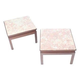 Mid-Century Modern Pair Low Profile Square Marble Top Side End Tables Stand MINT For Sale