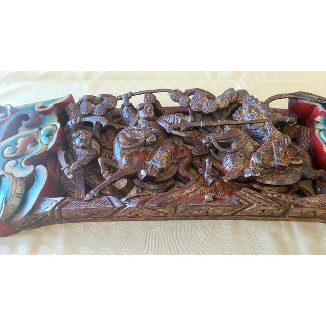 Antique Chinese Architectural Carving - Ming Dynasty Era - "Romance of the Three Kingdoms" - Double-Sided Polychrome Lintel For Sale - Image 15 of 18