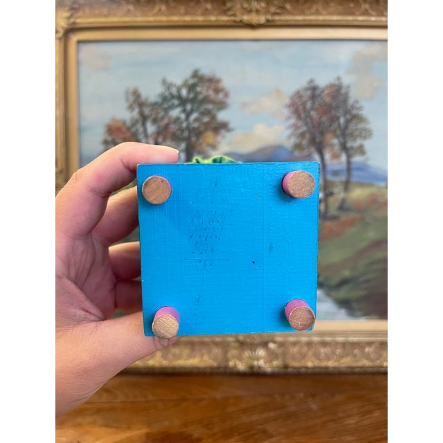 Vintage Hand-Painted Folk Art Doll Figurine on Wooden Block Base With Fabric Bonnet, Signed Mary Maki Rae For Sale - Image 9 of 10