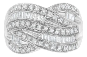 .925 Sterling Silver 1.0 Cttw Channel Set Alternating Round and Baguette Diamond Cross-over Bypass Ring Band - Size 8