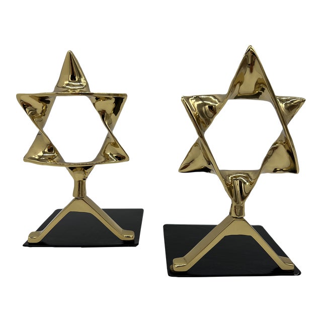 Modernist Judaica Polished Brass Star of David Bookends - A Pair For Sale