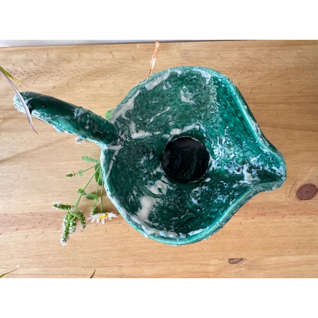 Vintage Sculptural Green Lava Glaze Ceramic Ewer With Scroll Handle For Sale - Image 15 of 18