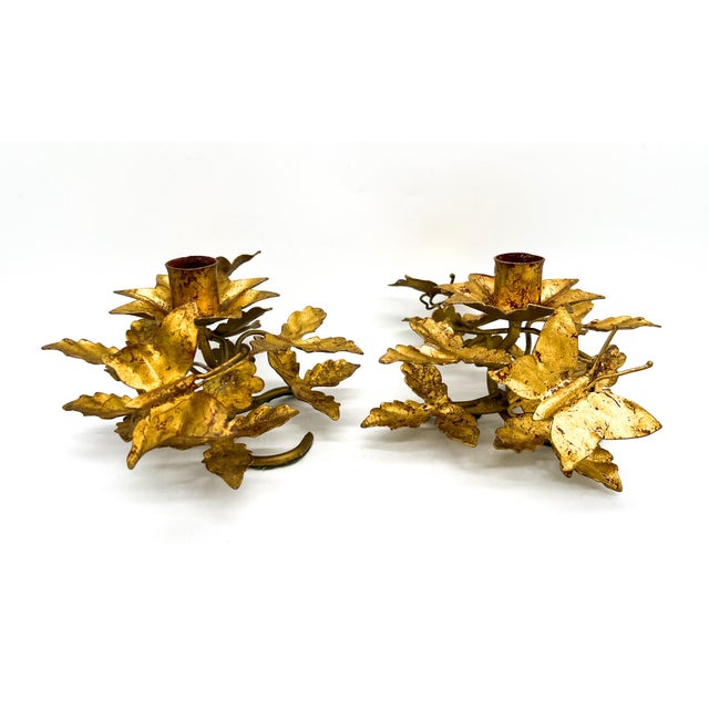 Florentia Vintage Italian Gold Gilt Tole Butterfly Candleholders, Pair, Hand-Formed Leaf & Vine Candlesticks - Hollywood Regency For Sale - Image 4 of 12