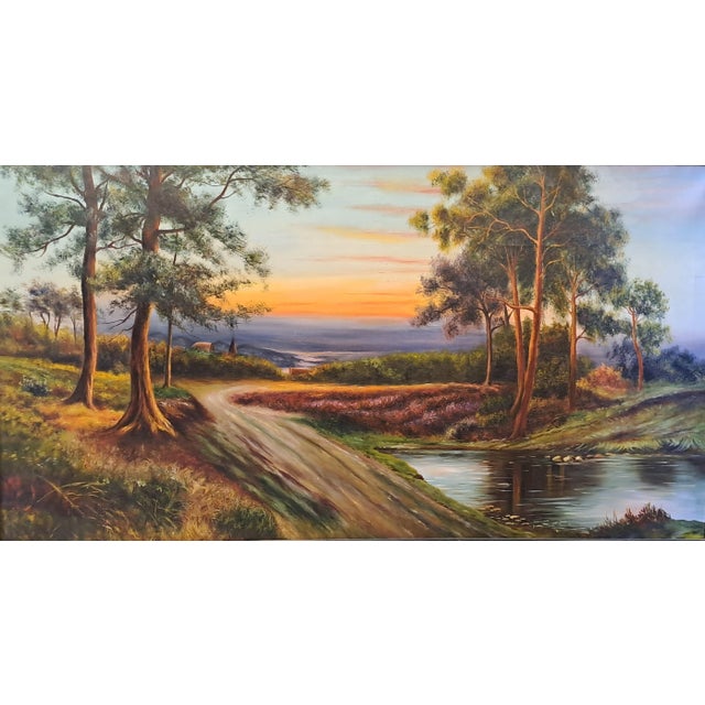 Hilly Landscape at Sunset with a Stream, 20th Century, Oil Painting on Canvas, Framed For Sale - Image 12 of 13