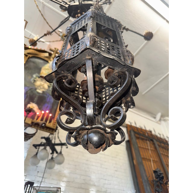 Spanish Revival 1920s Spanish Revival Wrought Iron Pendant Lantern For Sale - Image 3 of 11