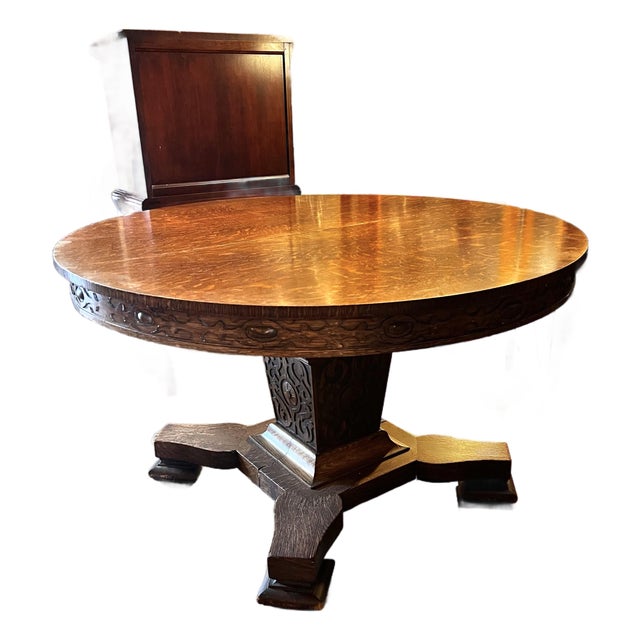 Antique 48” Tiger Oak Round Pedestal Dining Table With 3/4” Glass Top For Sale