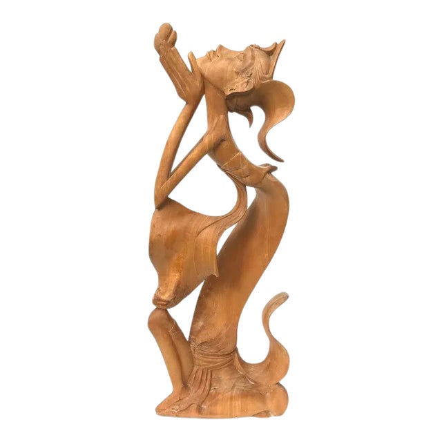 Vintage Modernist Figural Tropical Wood Carving Woman Prayer Offering Bali Circa.1950 For Sale