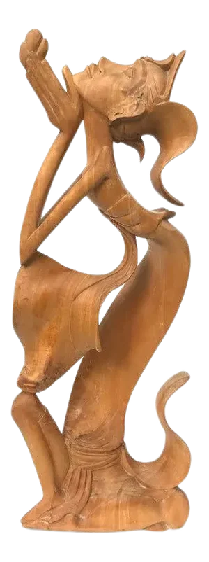 Vintage Modernist Figural Tropical Wood Carving Woman Prayer Offering Bali Circa.1950