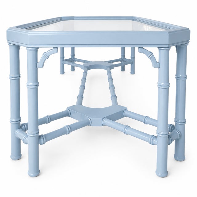 Vintage Faux Bamboo Coffee Table in Benjamin Moore Blue Hydrangea For Sale - Image 4 of 8