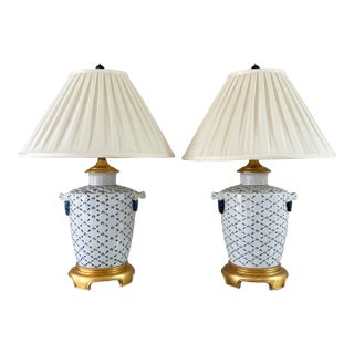 1980s Chinoiserie Hollywood Regency Blue and White Fishnet Table Lamps With Custom Fabric Shades - A Pair For Sale