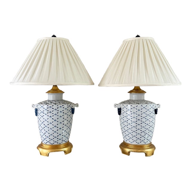 1980s Chinoiserie Hollywood Regency Blue and White Fishnet Table Lamps With Custom Fabric Shades - A Pair For Sale