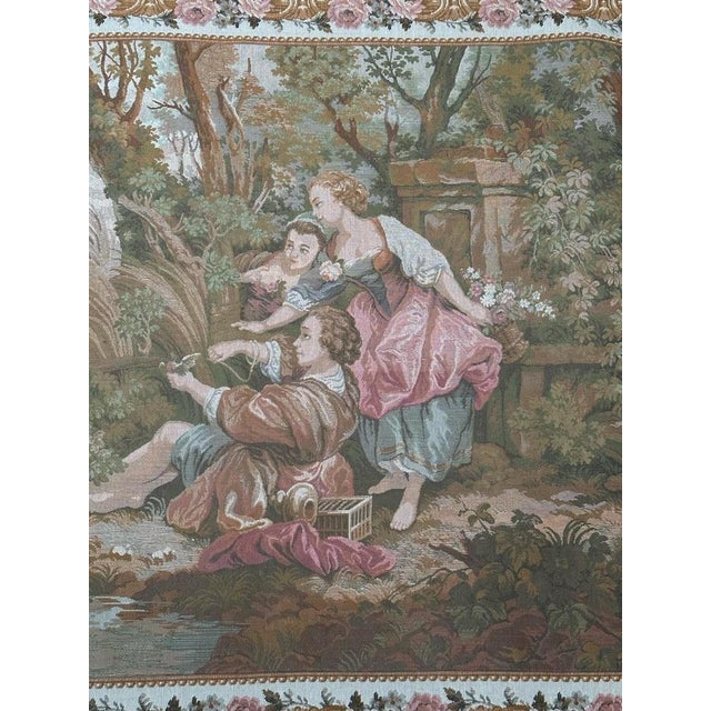 Pretty vintage Aubusson style tapestry with beautiful gallant design at beach with beautiful colors, woven with wool and...