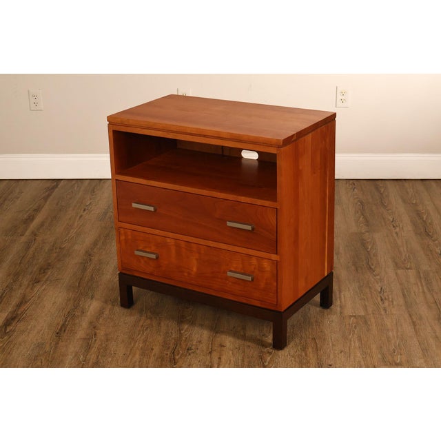 High Quality American Made Cherry Nightstand on Walnut Base with Two Dovetailed Drawers, Brushed Metal Pulls And An Open...