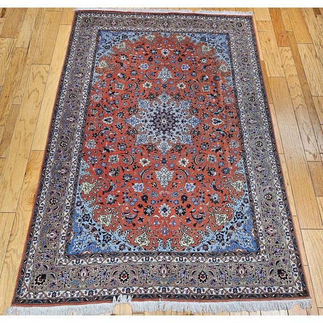 Persian Tabriz Rug, Hand-Knotted Wool & Silk, Fine Floral Pattern, Terracotta & Blue, 7x10 For Sale In Chicago - Image 6 of 14