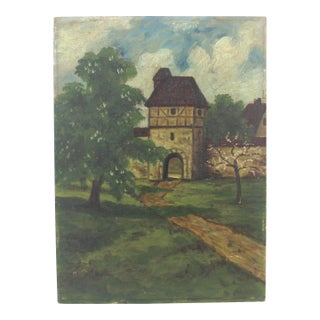 Vintage Oil Painting of a Landscape With Castle Gate Unframed Small Europe For Sale