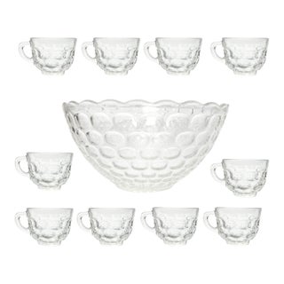 1960s Vintage 11-Piece Glass Punch Bowl Set, Thumbprint Design For Sale