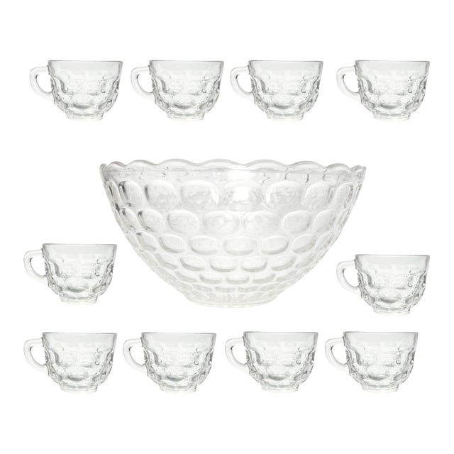 1960s Vintage 11-Piece Glass Punch Bowl Set, Thumbprint Design For Sale