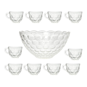 1960s Vintage 11-Piece Glass Punch Bowl Set, Thumbprint Design