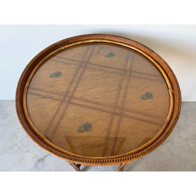Vintage Palecek Coastal Rattan and Woven Wicker End Side Table With Glass Top/ Sold For Sale - Image 9 of 12