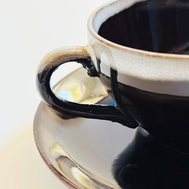 Mid 20th Century Mid Century Modern Brown Drip Glaze Mugs and Saucers - Set of 4 For Sale - Image 10 of 11