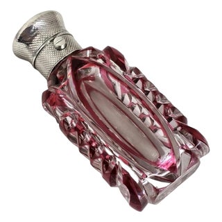 Antique Victorian Bohemian Cut Glass Vanity Scent Bottle with Silver Mount For Sale