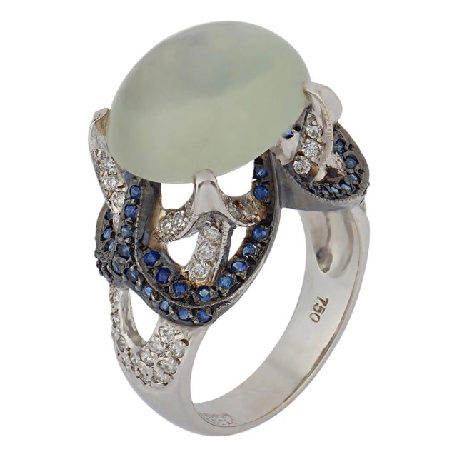 Vintage Moonstone Sapphire Diamond 18k White Gold Cocktail Ring, Size 7 For Sale
