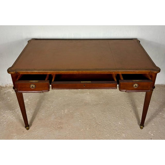 Vintage Writing Desk with Brass Details and Three Drawers, 1920 For Sale - Image 3 of 16
