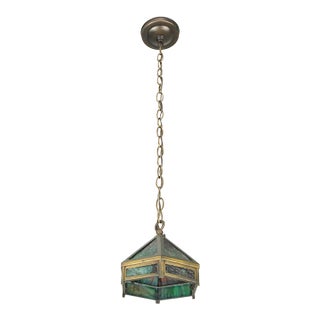 Mid 20th Century Arts & Crafts Green Slag Glass Hexagonal Pendant Light - For Sale
