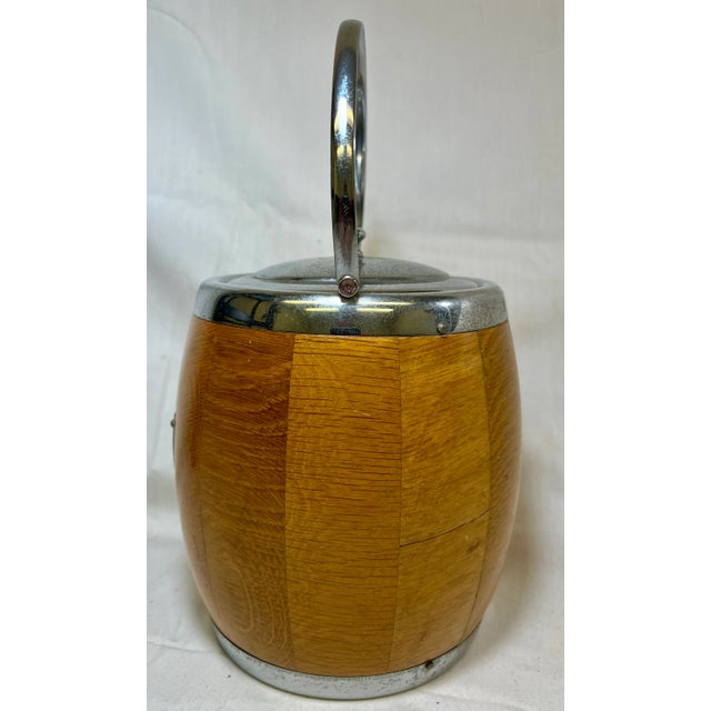 1930s Vintage Light Oak Wood Biscuit Jar/Ice Bucket With Chrome Trim & Ceramic Liner Made in England - Circa 1930 For Sale - Image 5 of 12
