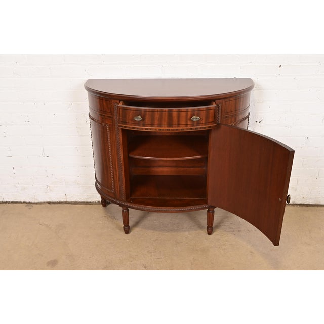 1940s Imperial Furniture French Regency Louis XVI Mahogany and Inlaid Marquetry Demilune Cabinet, Newly Refinished For Sale - Image 5 of 14