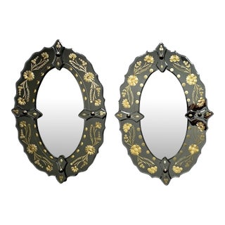 Pair of Mid-Century Italian Venetian Black Glass and Gilt Floral Mirrors, 1960s For Sale