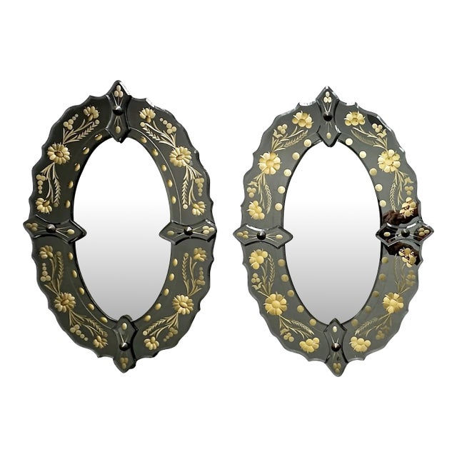Pair of Mid-Century Italian Venetian Black Glass and Gilt Floral Mirrors, 1960s For Sale