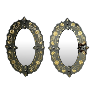 Pair of Mid-Century Italian Venetian Black Glass and Gilt Floral Mirrors, 1960s