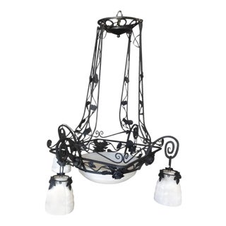 1990s French Country Style Wrought Iron 4 Light Chandelier W/ Alabaster Shades For Sale