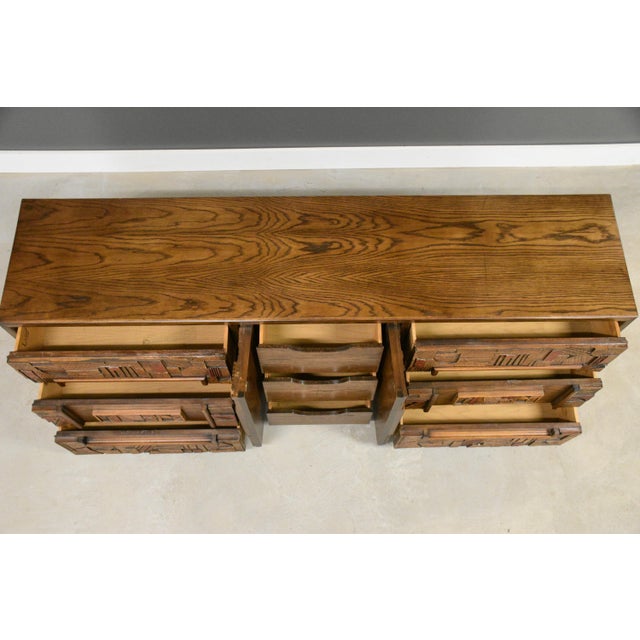 1970s Brutalist 78” MCM Lane Pueblo Walnut Dresser For Sale In Boston - Image 6 of 11