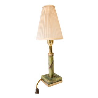 Art Deco Jade Table Lamp with Brass and Fabric Shade, 1920s For Sale