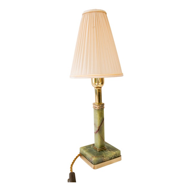 Art Deco Jade Table Lamp with Brass and Fabric Shade, 1920s For Sale