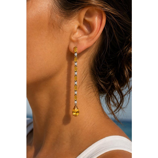 Metal Citrine Long Drop Earrings, Silver, Gold, Pair For Sale - Image 7 of 7