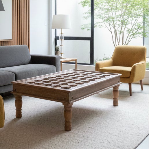 Brown Rustic Modern Carved Chai Coffee Table – Mid Century Whitewashed Wood Accent Table 54 For Sale - Image 8 of 8