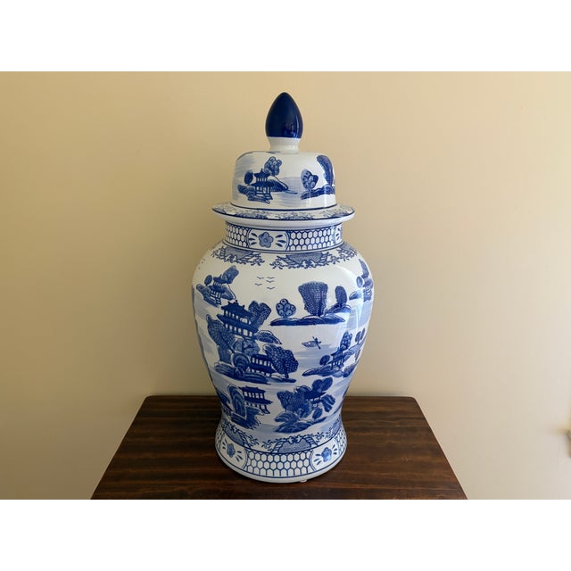 Monumental Blue and White Chinoiserie Porcelain Ginger Jar For Sale - Image 9 of 12