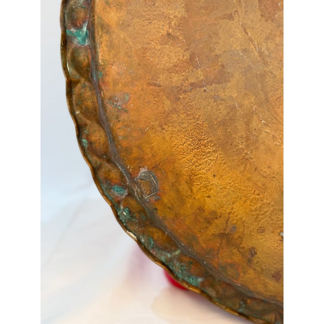 Large Vintage Engraved Brass Tray With Botanical Decoration and Scalloped Rim For Sale - Image 13 of 13