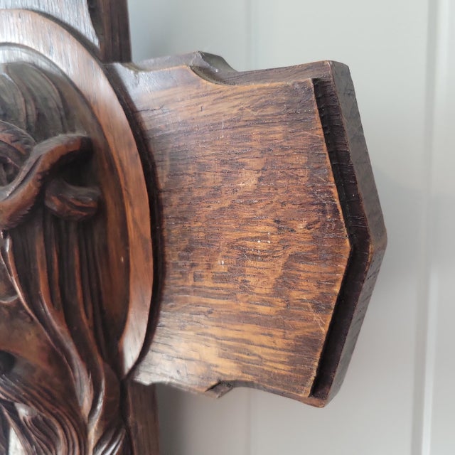 Antique Art Deco Hand Carved Oak Crucifix Face of Jesus Wall Cross 25" Tall For Sale - Image 11 of 18
